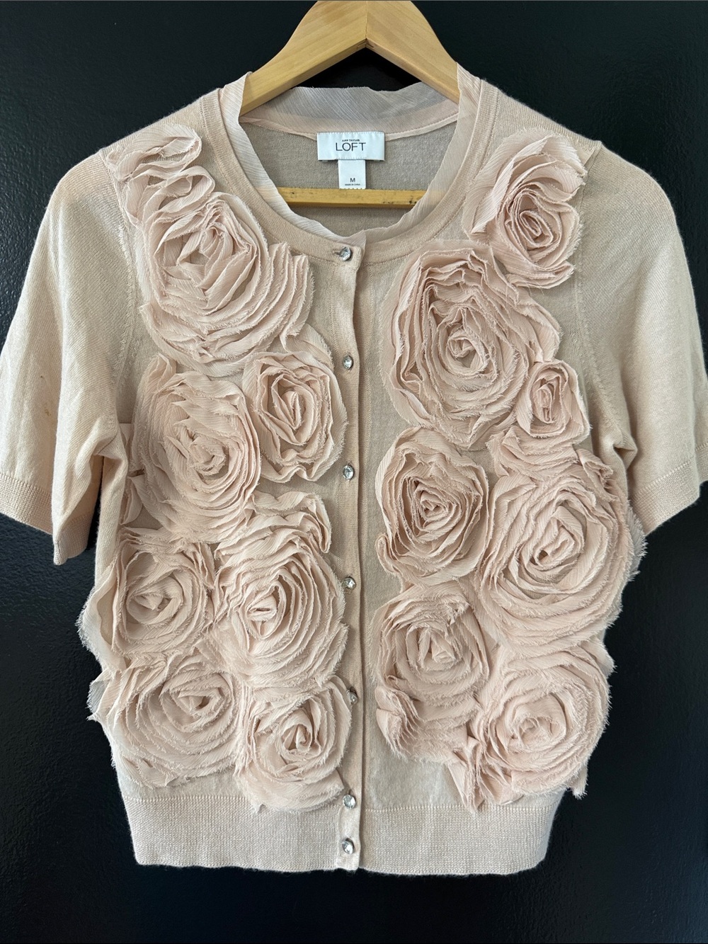 LOFT Merino Wool Cardigan Sweater Texture Flowers Roses Sparkle Buttons